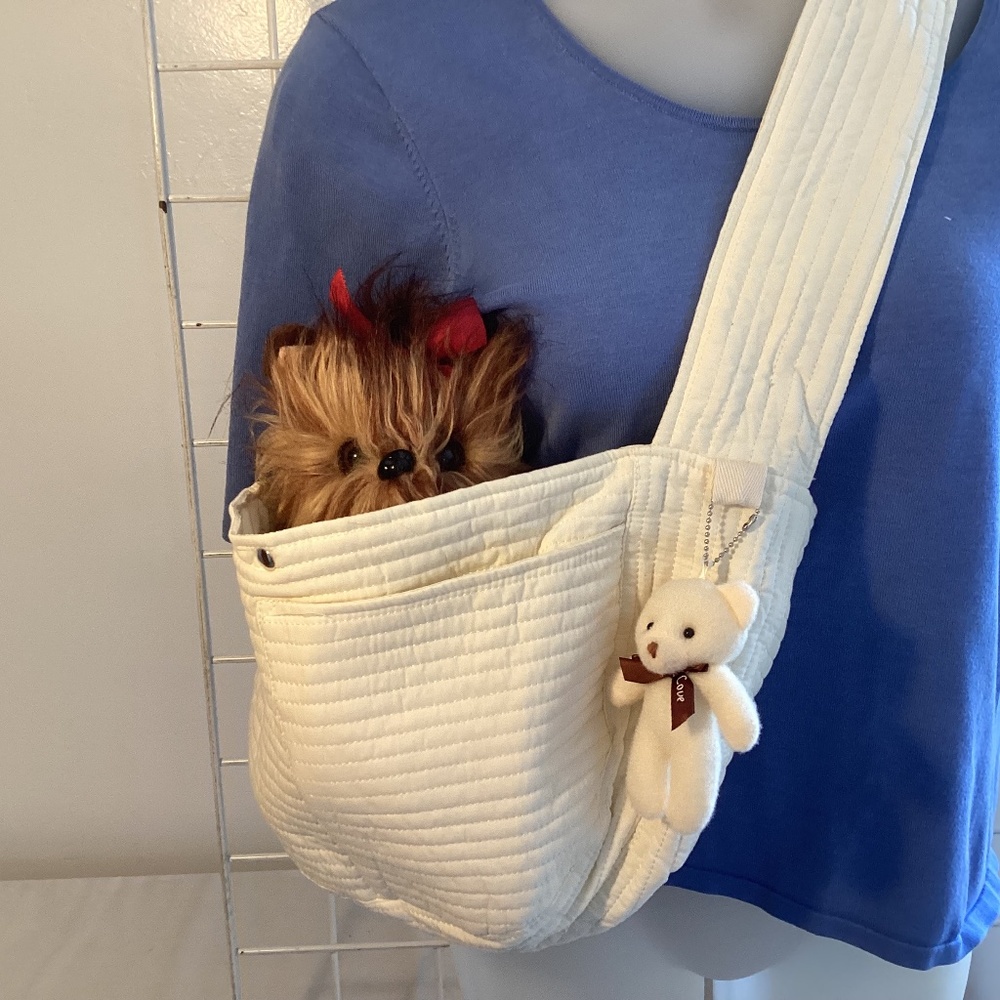 Cream Quilted Pet Sling Carrier - Comfortable Hands-Free Dog Carrier #C - Picture 1 of 9
